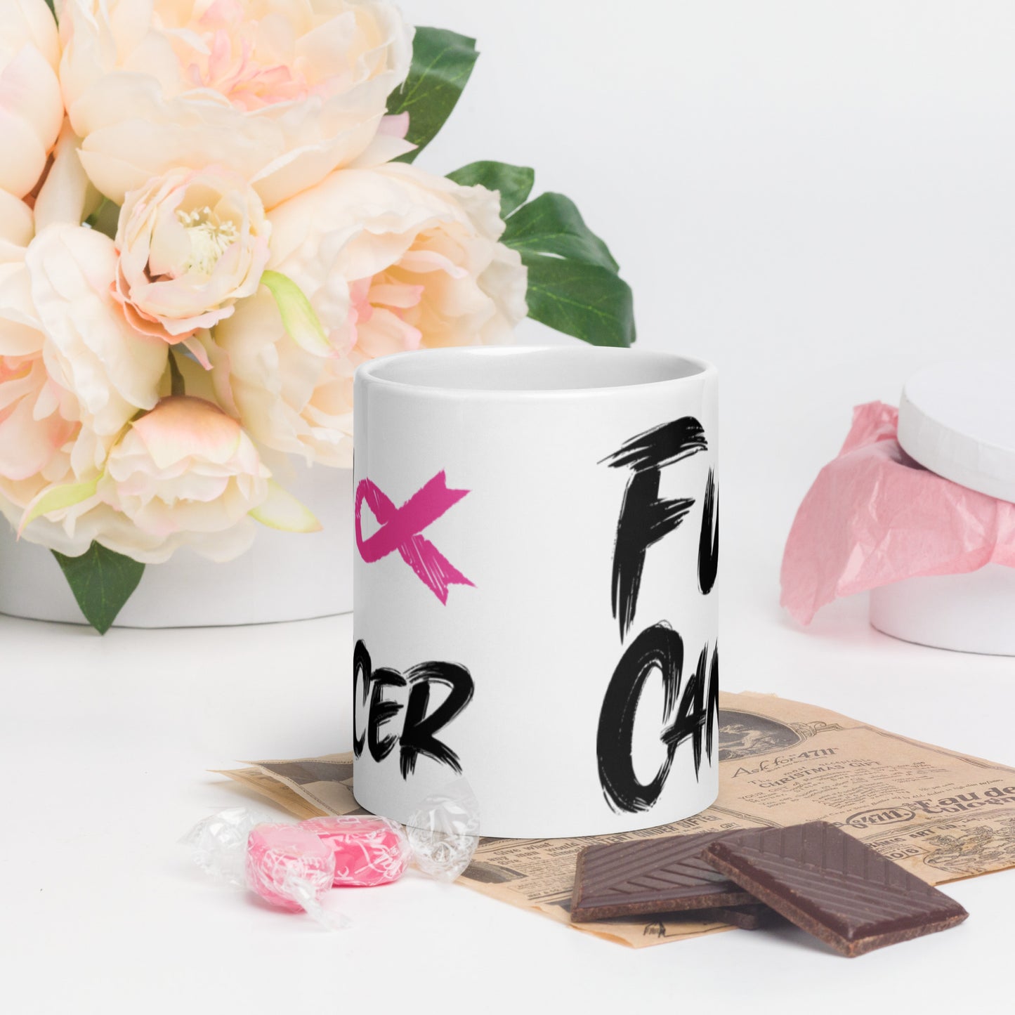 Fuck Cancer, Cancer Survivor Gift Mug, White glossy mug