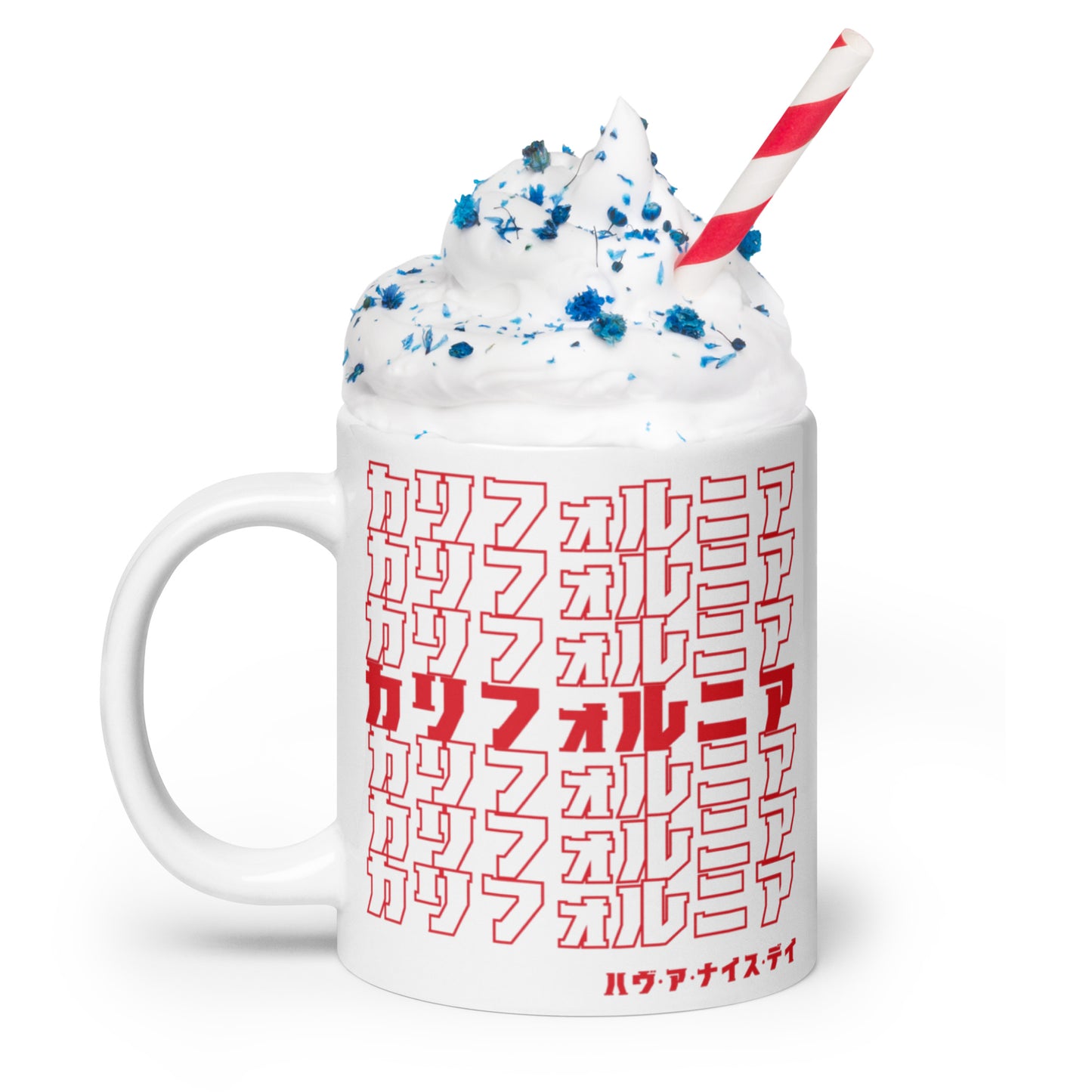 California, Japanese, Katakana, Nihongo, Have a good day White glossy mug