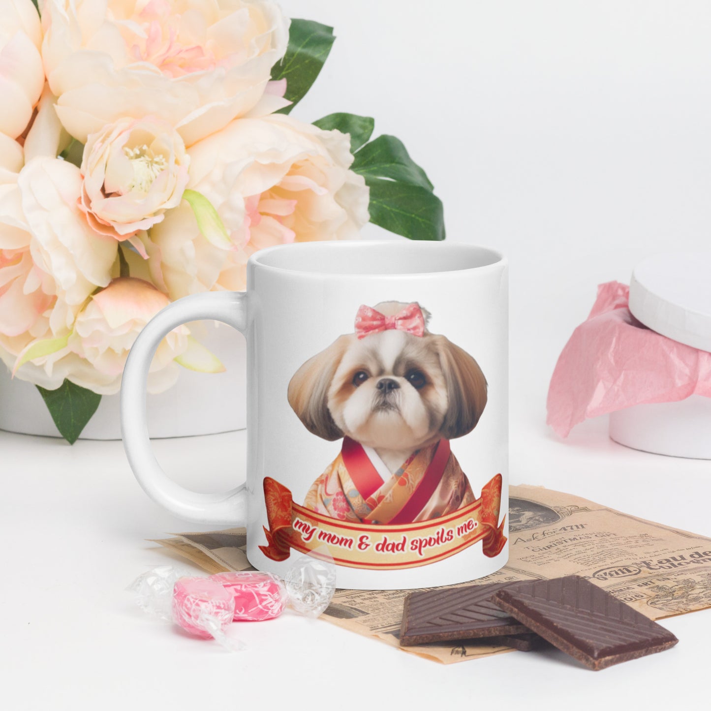 Shih Tzu Mug, Shih Tzu Gift, Shih Tzu Mom, my mom & dad spoils me, White glossy mug