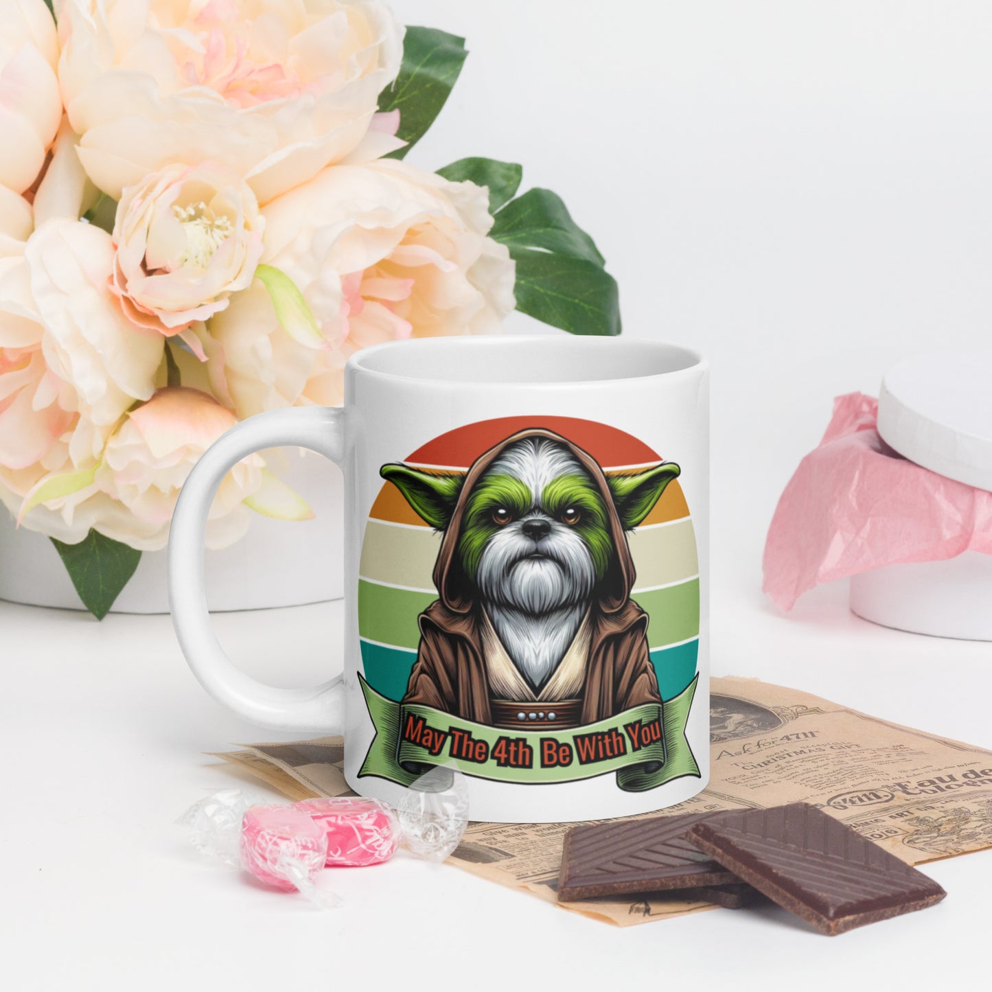 Star Wars Day, May The 4th Be with You, Yoda, Shih Tzu, Shih Tzu Dog, Grogu, White glossy mug