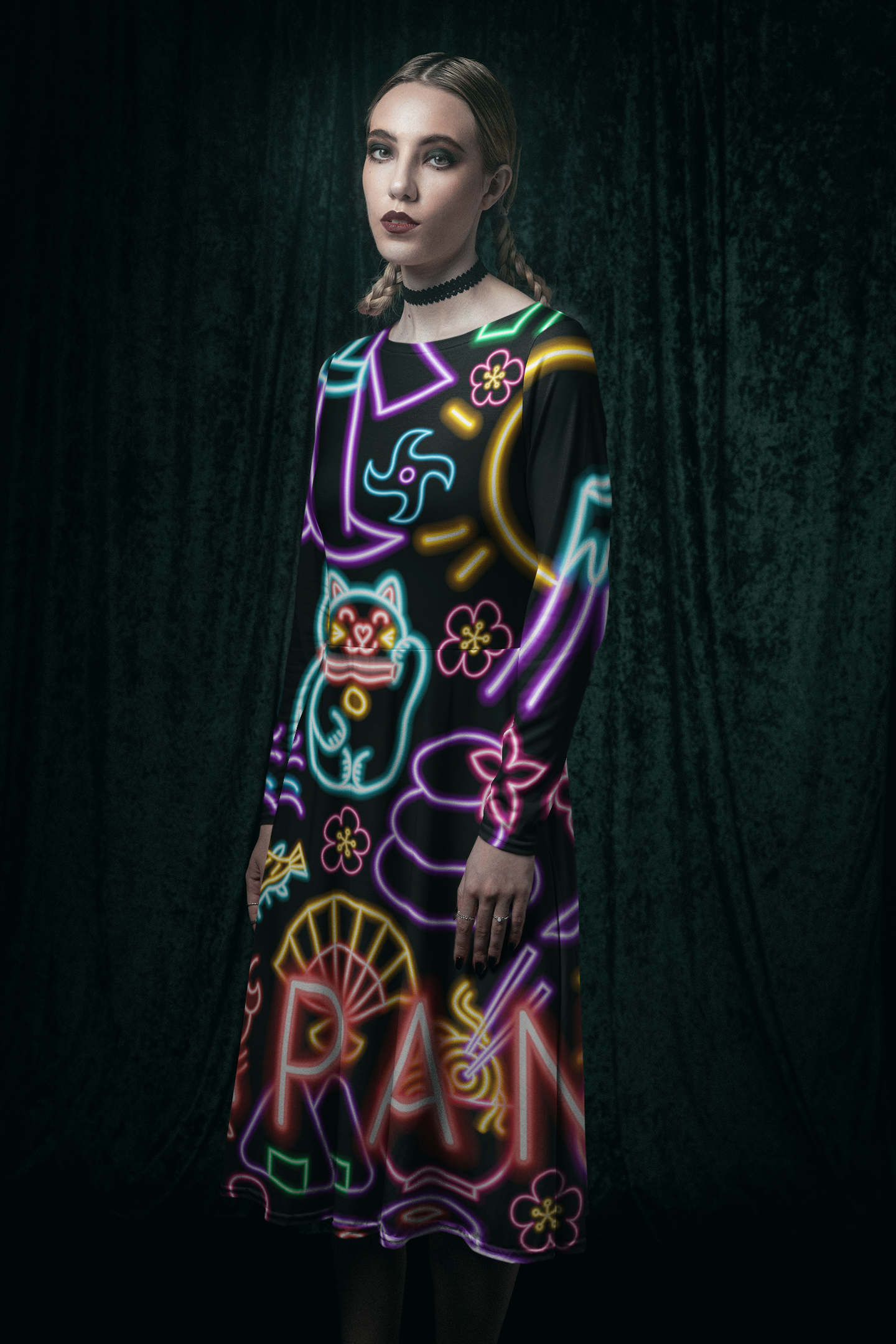 Japanese Neon Sign All-over print long sleeve midi dress