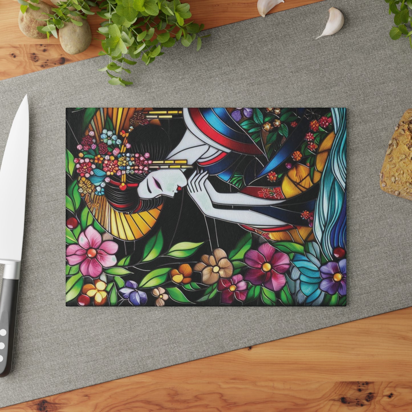 Geisha Cutting board, Geisha kimono Board, Stained glass style, Kitchen Decor, Wedding Gift, Anniversary Gift, Flower Glass Cutting Board