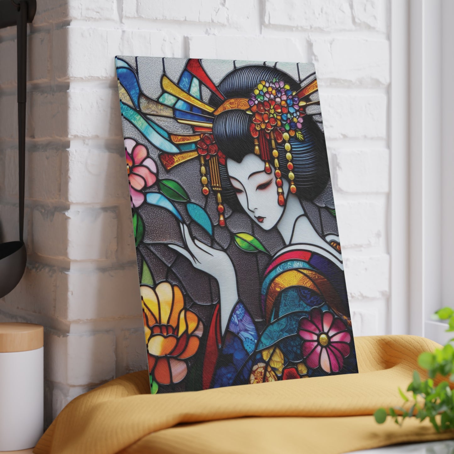 Geisha Glass Cutting Board, kawaii Stained Glass style Chopping Board, Kitchen Decor, Charcuterie Serving Board, gift for wife, Housewarming Gift Glass Cutting Board