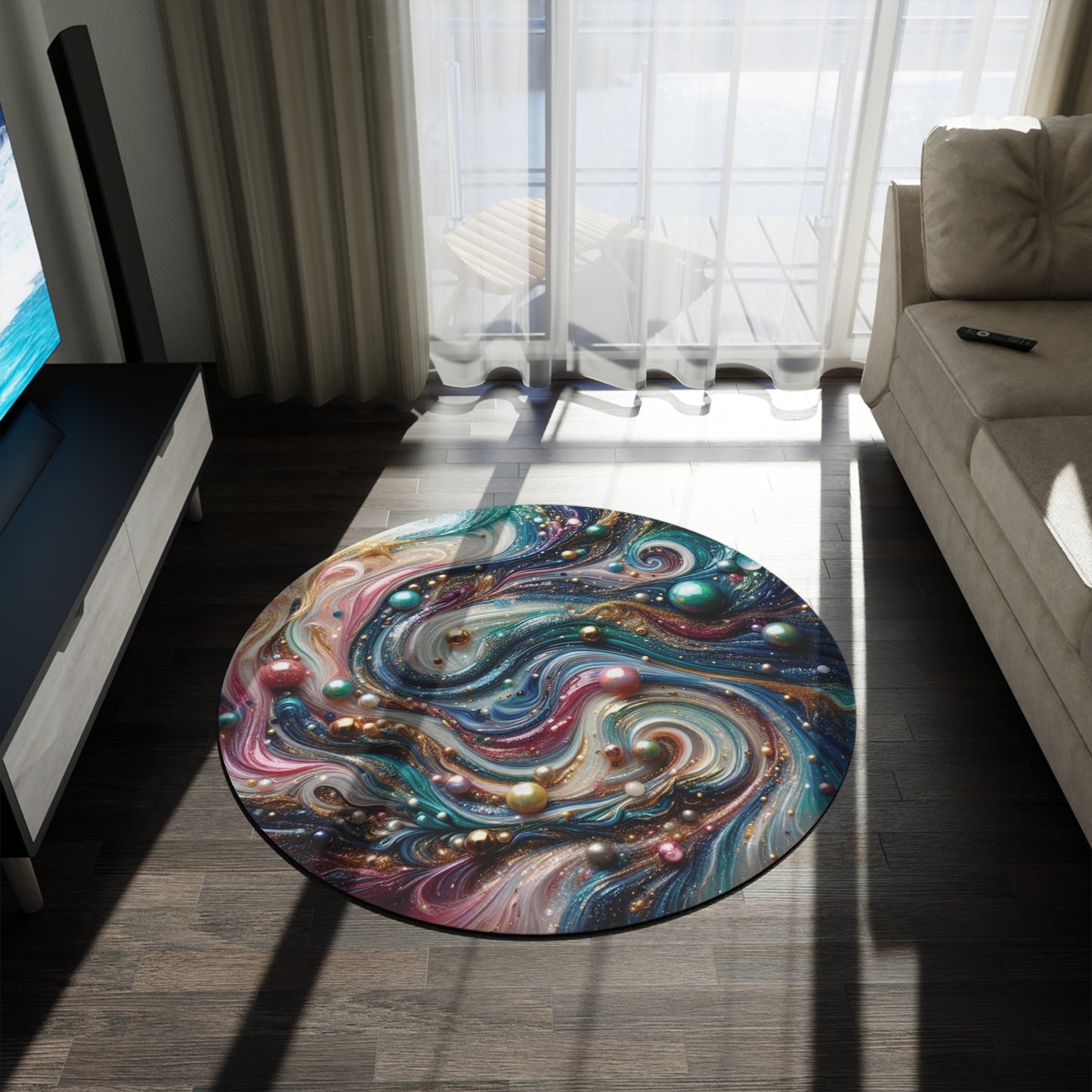 Mysterious planet, pearls splashing on the waves of resin art, heartwarming gift,  Round Rug