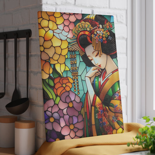 Geisha Cutting board, Stained glass flower, Geisha kimono Board, Kitchen Decor, Wedding Gift, Anniversary Gift, Flower Glass Cutting Board