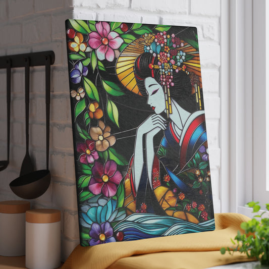 Geisha Cutting board, Geisha kimono Board, Stained glass style, Kitchen Decor, Wedding Gift, Anniversary Gift, Flower Glass Cutting Board
