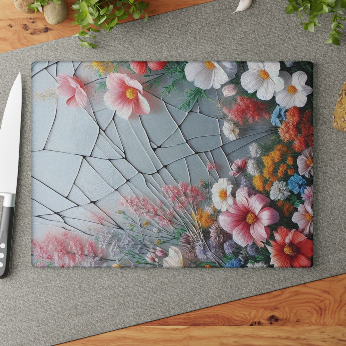 Wildflower Glass Cutting Board, kawaii Stained Glass style Chopping Board, Kitchen Decor, Charcuterie Serving Board, House Decor, Housewarming Gift Glass Cutting Board