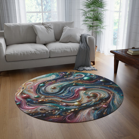 Mysterious planet, pearls splashing on the waves of resin art, heartwarming gift,  Round Rug