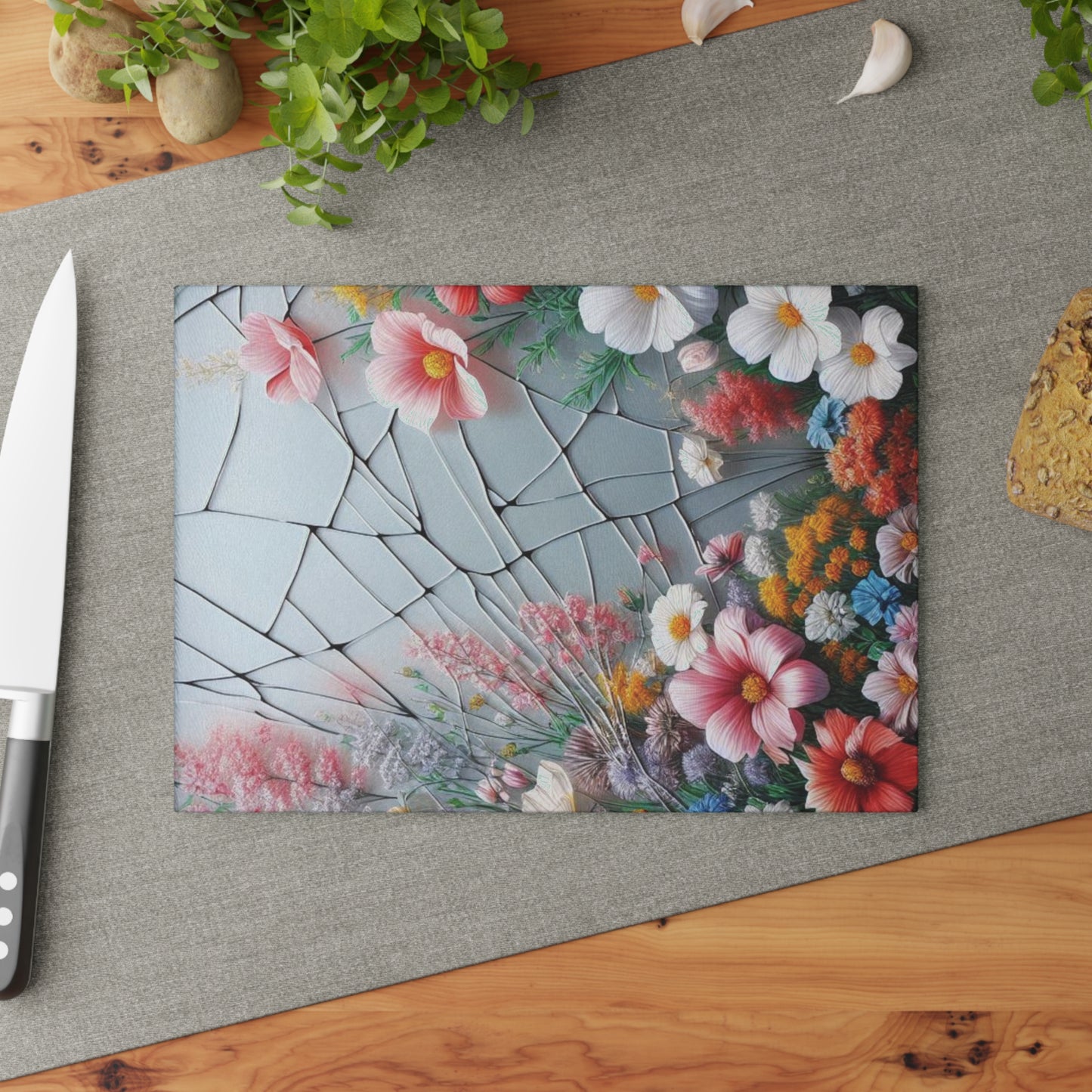 Wildflower Glass Cutting Board, kawaii Stained Glass style Chopping Board, Kitchen Decor, Charcuterie Serving Board, House Decor, Housewarming Gift Glass Cutting Board