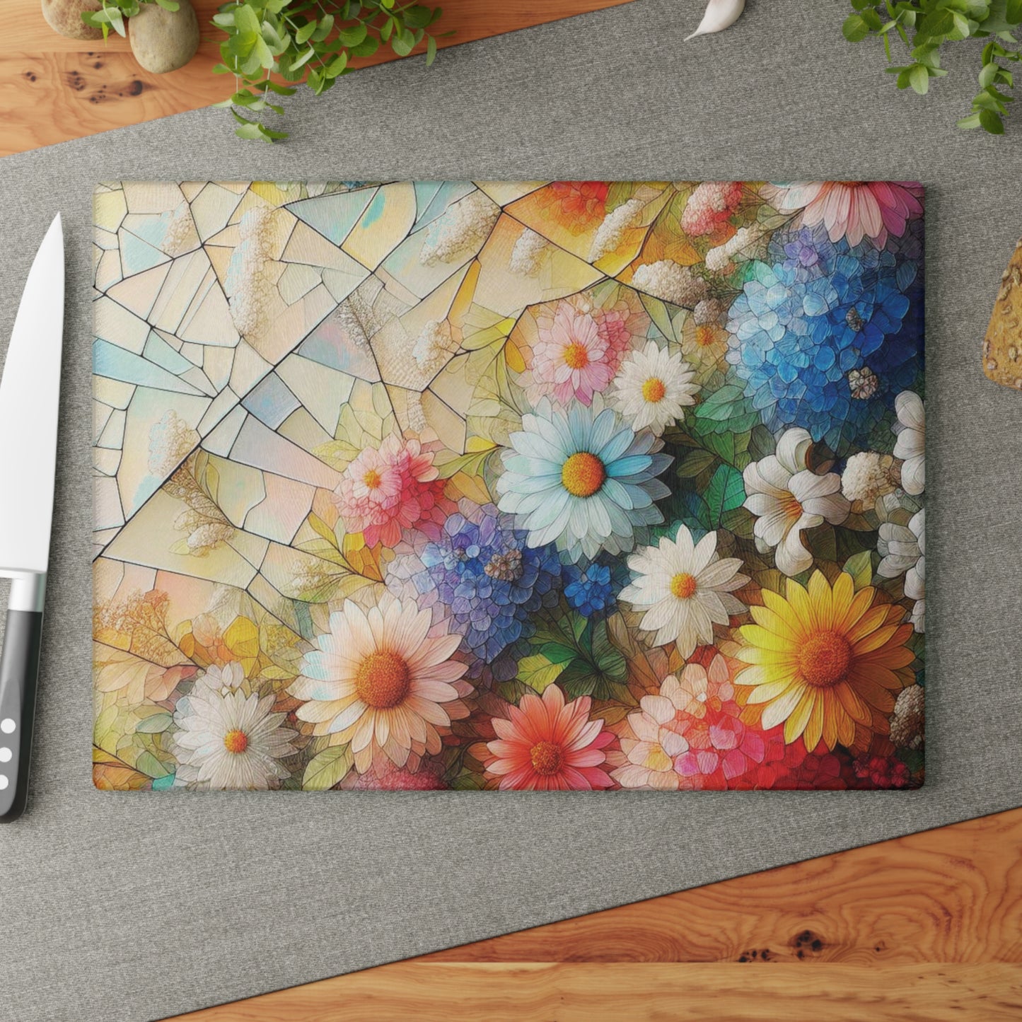 Flower Glass Cutting Board, kawaii Stained Glass style Chopping Board, Kitchen Decor, Charcuterie Serving Board, gift for wife, Housewarming Gift Glass Cutting Board