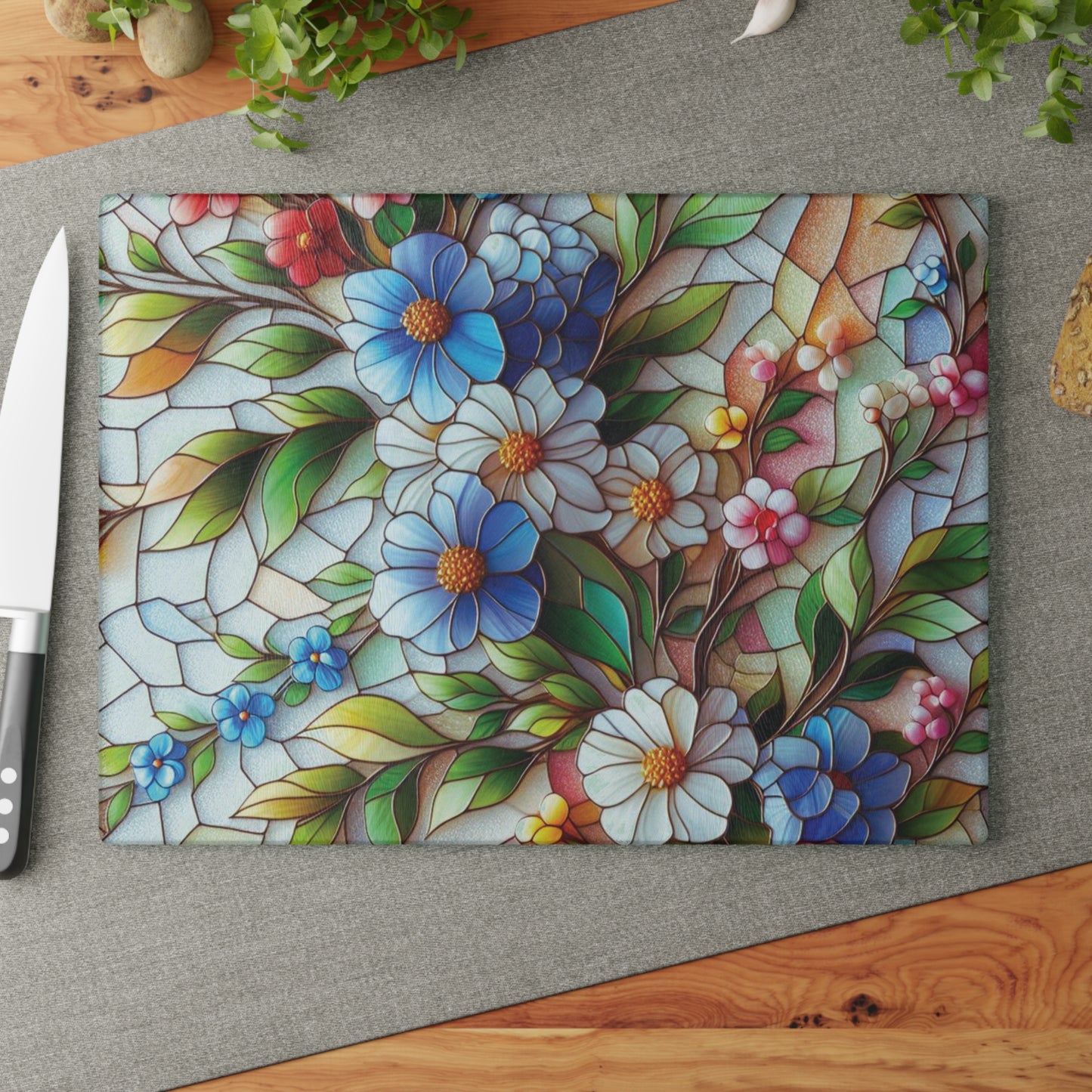 kawaii Stained Glass style Chopping Board, Flower Glass Cutting Board, Kitchen Decor, Charcuterie Serving Board, House Decor, Housewarming Gift Glass Cutting Board
