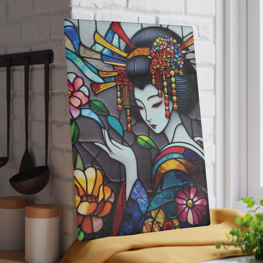 Geisha Glass Cutting Board, kawaii Stained Glass style Chopping Board, Kitchen Decor, Charcuterie Serving Board, gift for wife, Housewarming Gift Glass Cutting Board