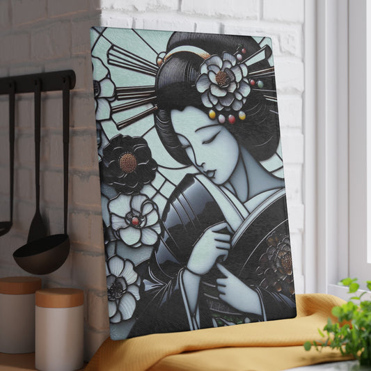 Geisha Cutting board, Glass Cutting Board, Geisha kimono Board, Kitchen Decor, Wedding Gift, Anniversary Gift, Kawaii Glass Cutting Board