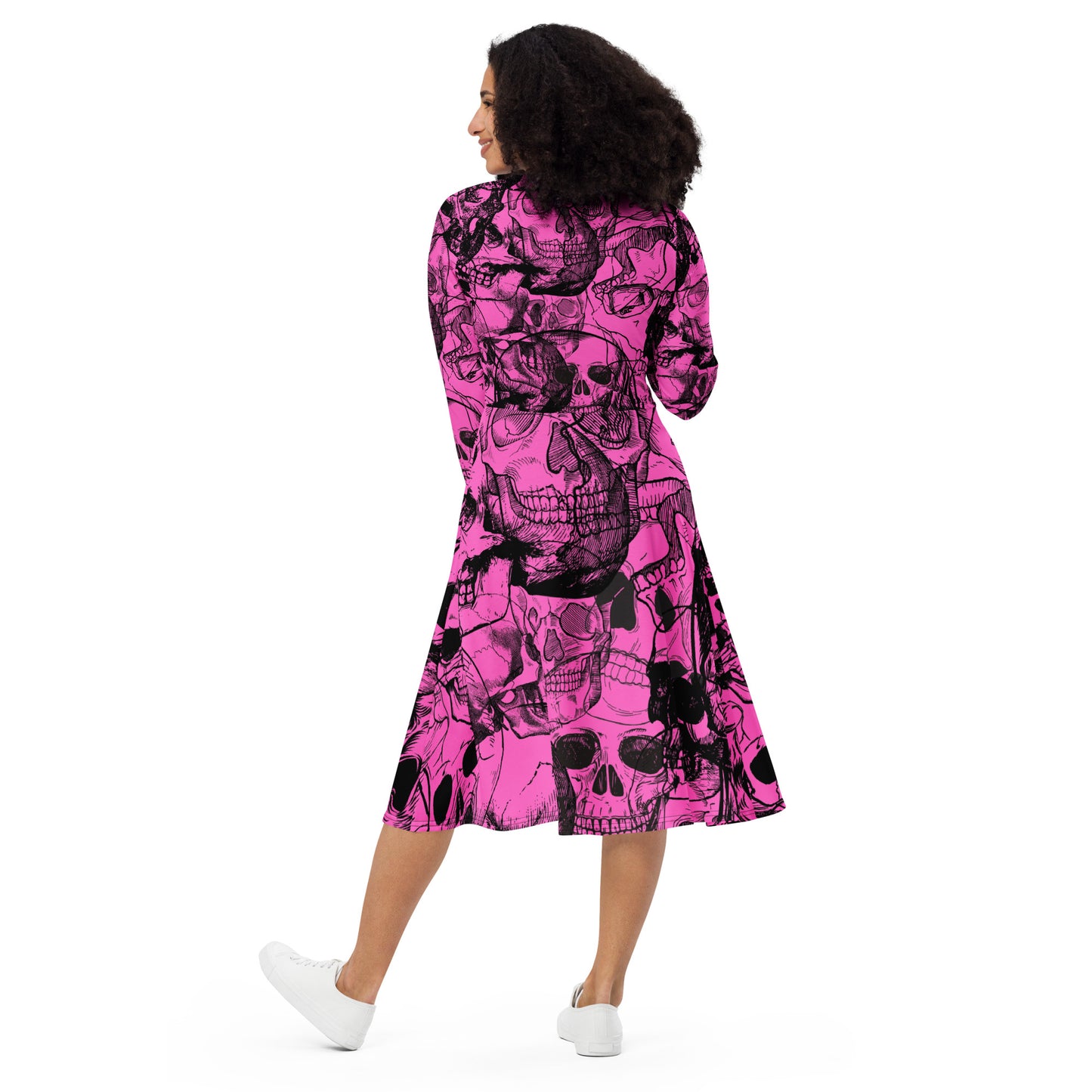 skull All-over print long sleeve midi dress