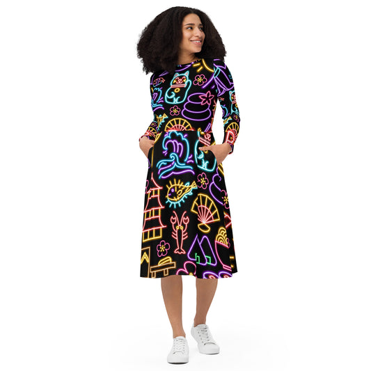 Japanese Neon Sign All-over print long sleeve midi dress