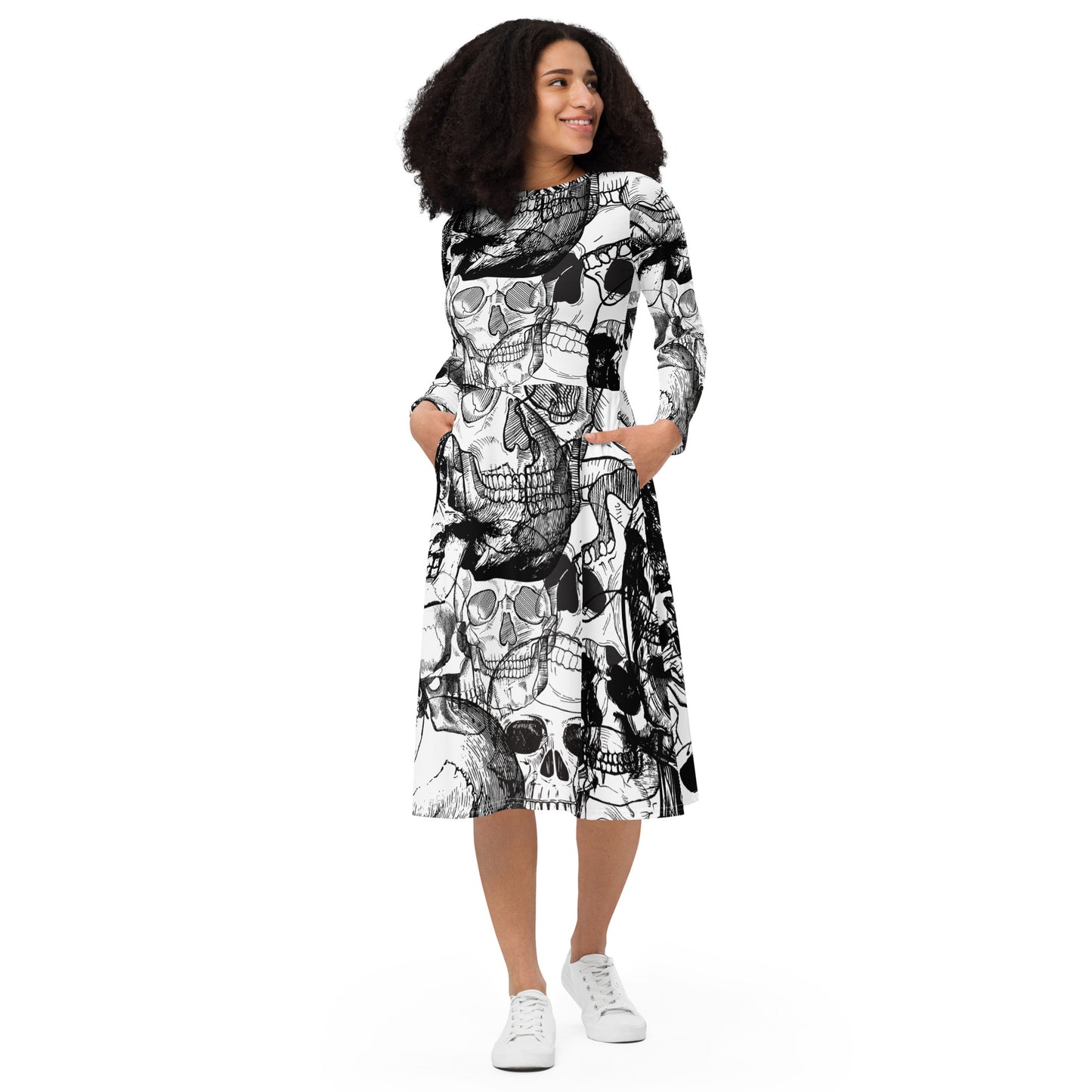 Skull White All-over print long sleeve midi dress