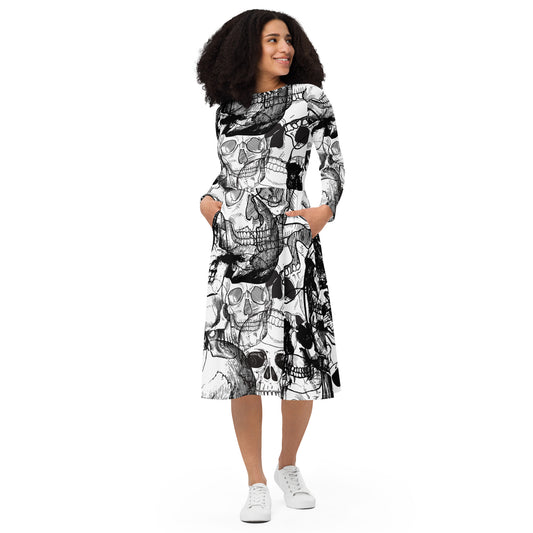 Skull White All-over print long sleeve midi dress