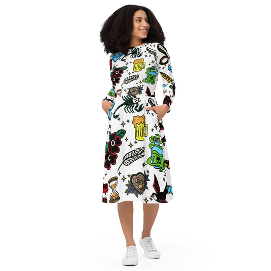 TATTOO All-over print long sleeve midi dress