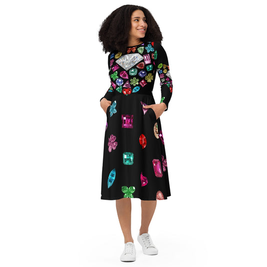 Jewelry All-over print long sleeve midi dress