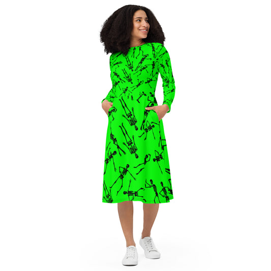 Skeleton green All-over print long sleeve midi dress