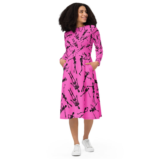 Skeleton pink All-over print long sleeve midi dress
