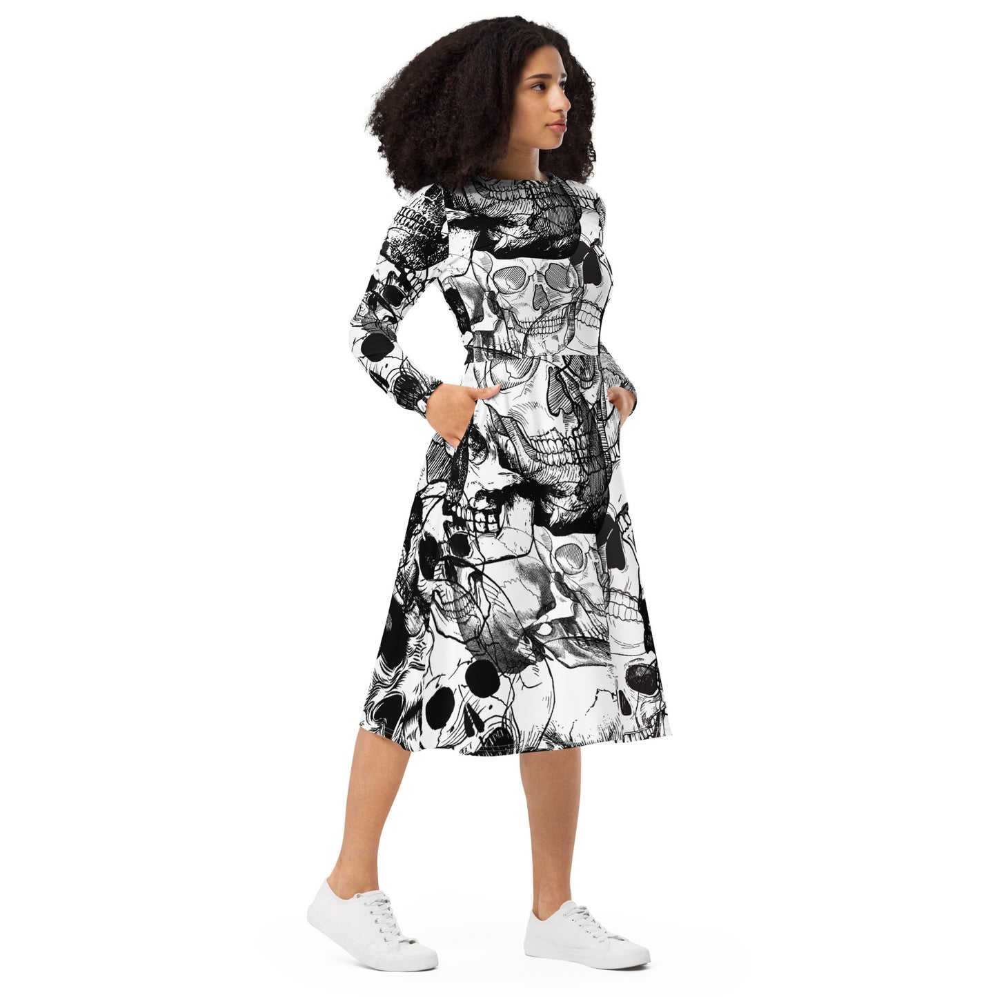 Skull White All-over print long sleeve midi dress