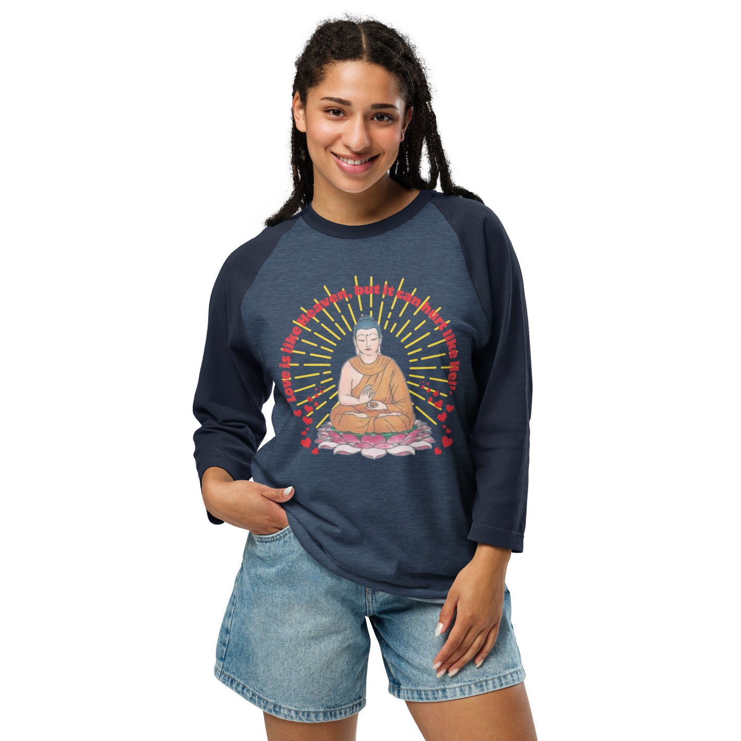 Japanese Buddha , tenjoutenge .3/4 sleeve raglan shirt