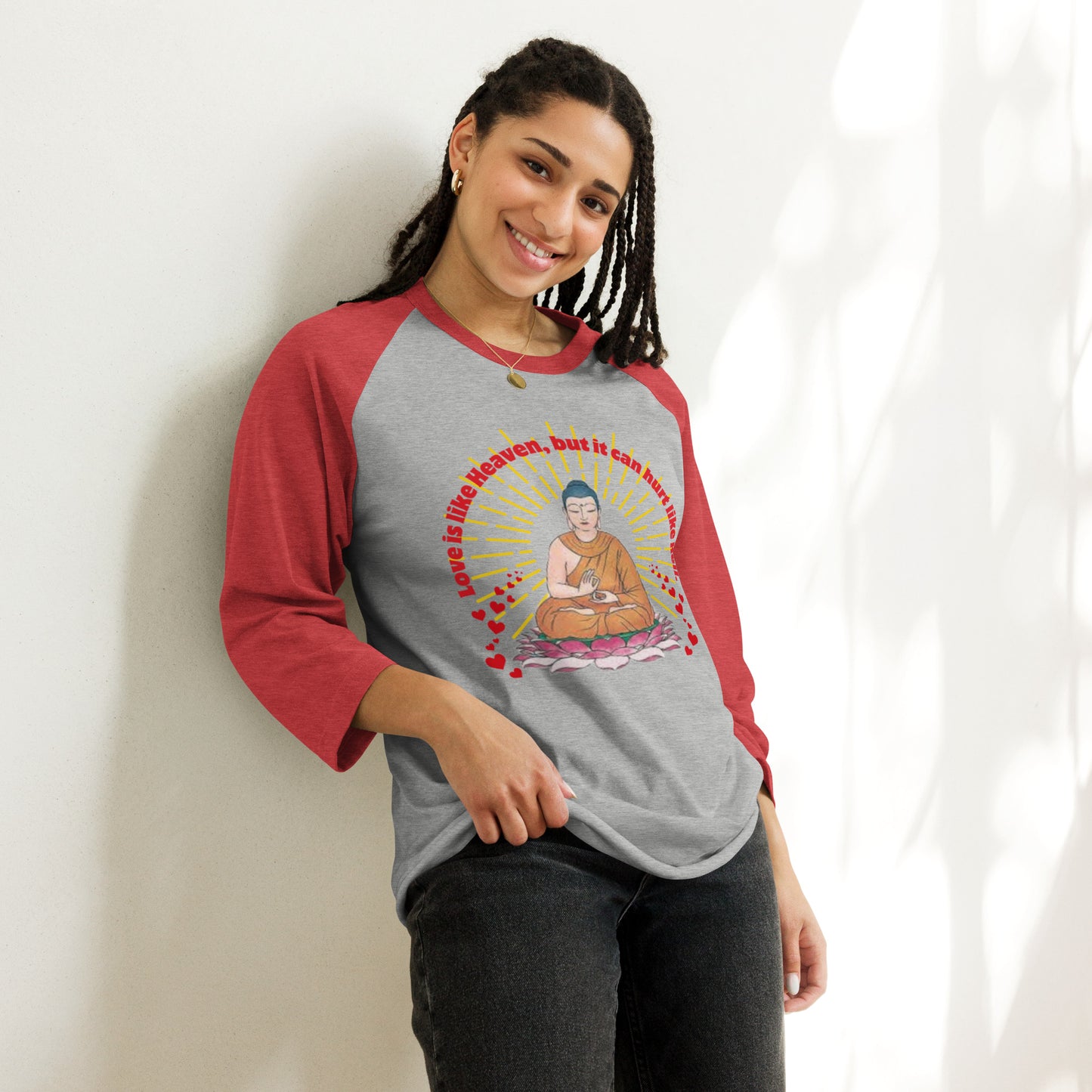 Japanese Buddha , tenjoutenge .3/4 sleeve raglan shirt