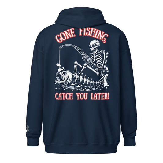 Fishing Skeleton, Skull Fishing Tattoo, Fishing Tuna, Fishing Gifts, Fishing Hoodie for Man, Fishy hoodie, Unisex heavy blend zip hoodie