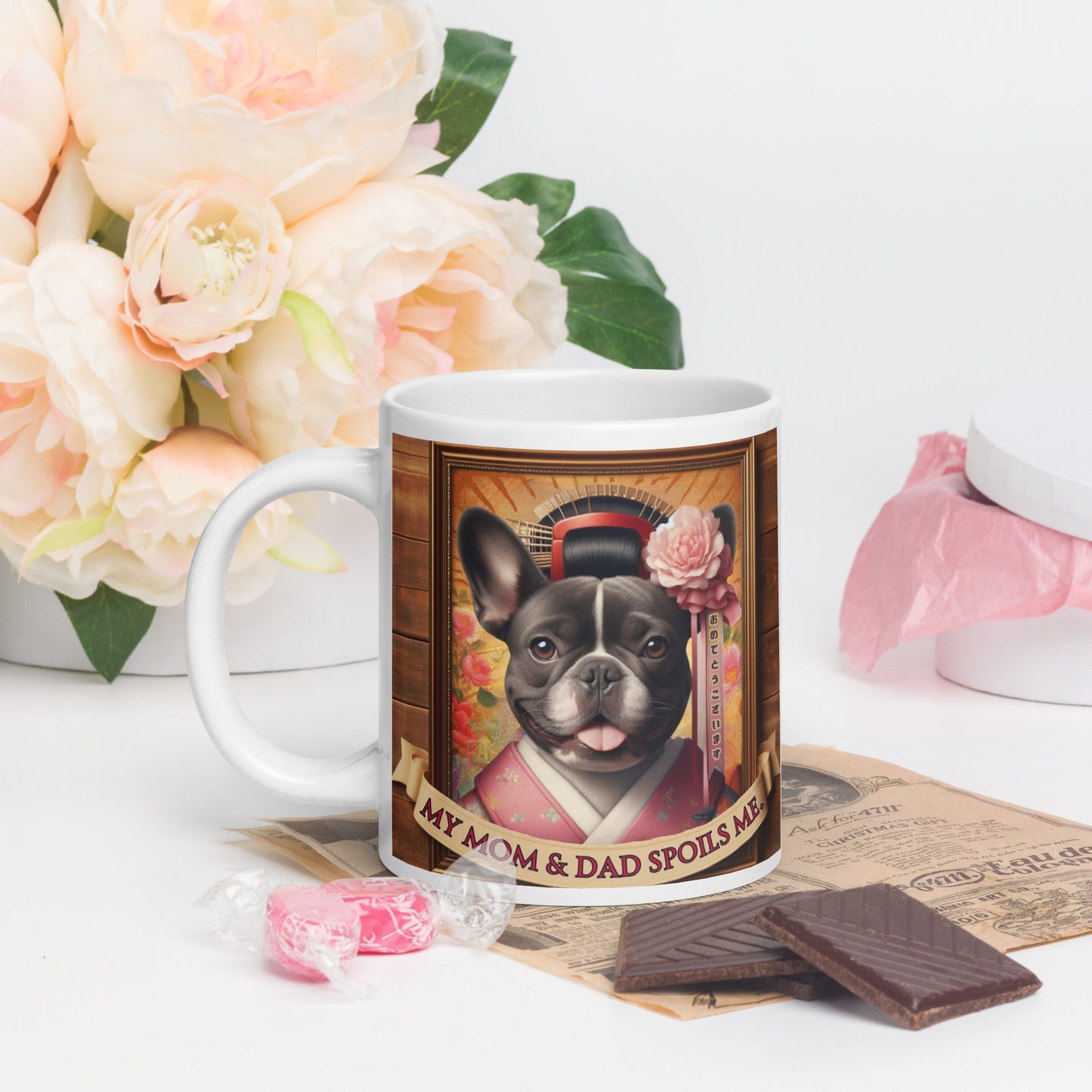 Frenchie Gift ,French bulldog, French bulldog Mom, Kawaii Gift, Frenchie mama, Japanese, kimono, my mom & dad spoils me, Frenchie White glossy mug
