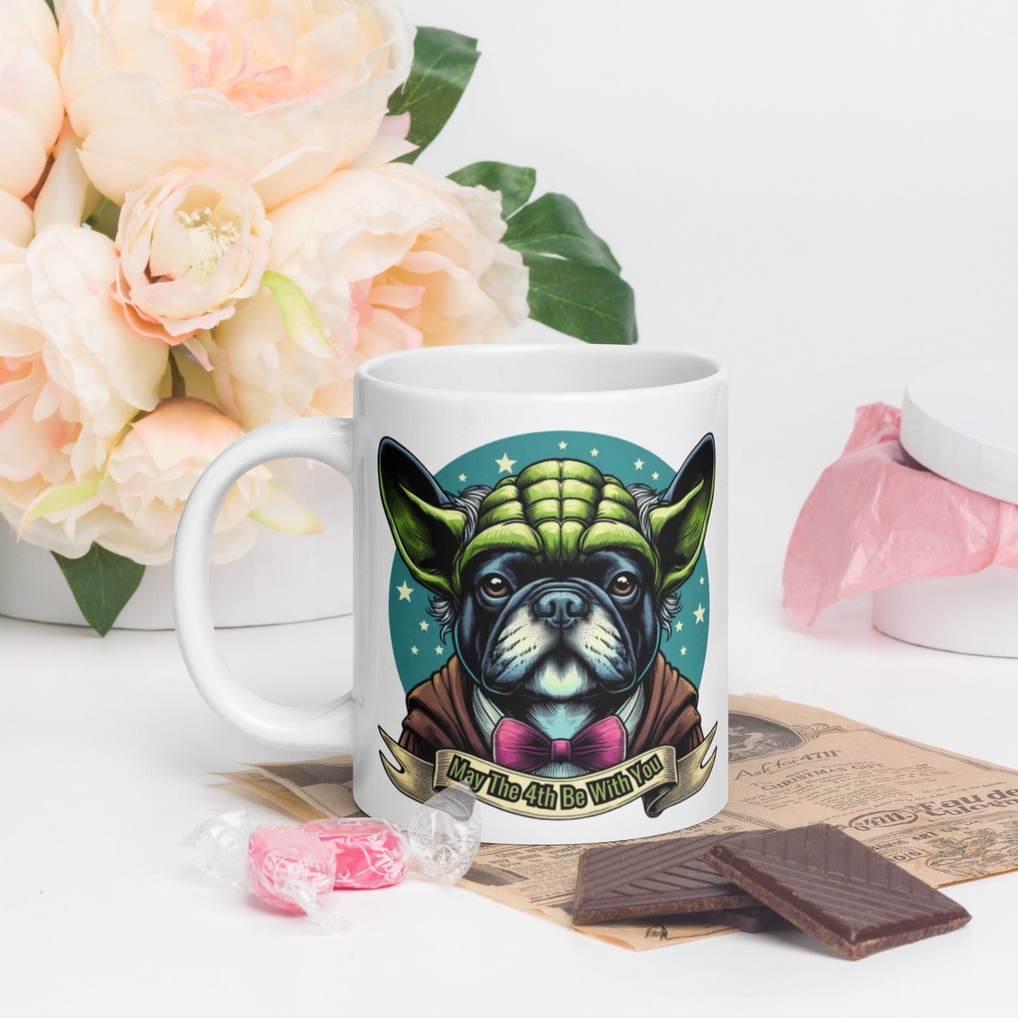 Star Wars Day, May The 4th Be with You, Yoda, Frenchie, French Dog, Grogu,  White glossy mug