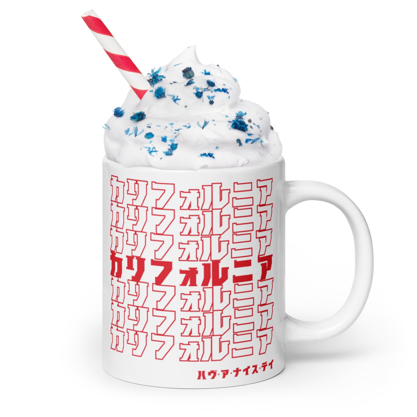 California, Japanese, Katakana, Nihongo, Have a good day White glossy mug