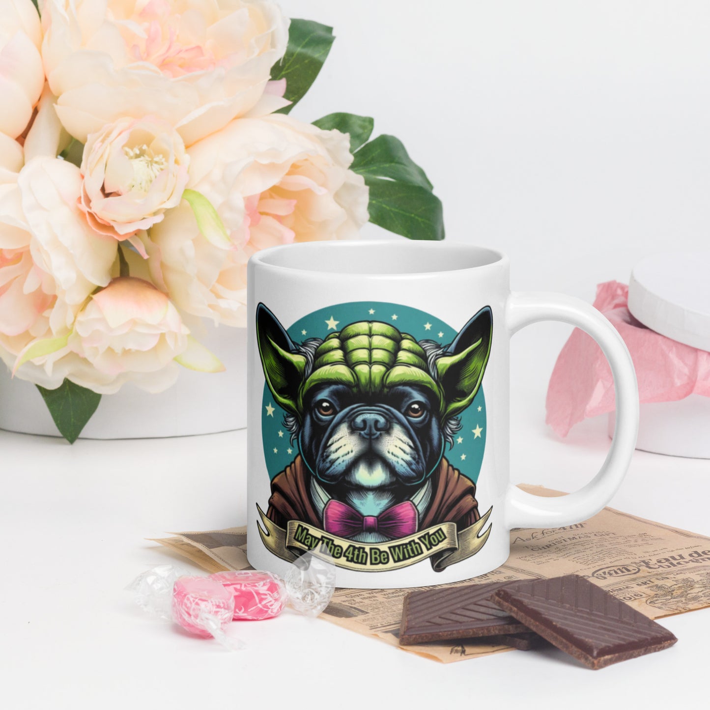 Star Wars Day, May The 4th Be with You, Yoda, Frenchie, French Dog, Grogu,  White glossy mug